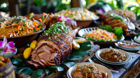 A traditional Hawaiian luau feast, with tables laden with kalua pig, poi, lomi lomi salmon, and other delicious island dishes.の素材