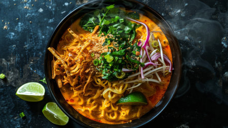 A steaming bowl of Khao Soi, Northern Thai curry noodles, topped with crispy noodles, pickled mustard greens, and fresh lime wedges.の素材