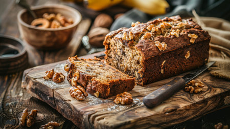 A mouthwatering slice of banana bread, moist and flavorful with ripe bananas, walnuts, and a hint of cinnamon, served on a rustic wooden board.の素材