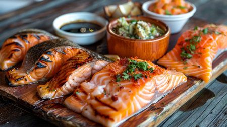A gourmet seafood platter showcasing a variety of salmon preparations, including grilled, poached, and smoked, served with dipping sauces.の素材