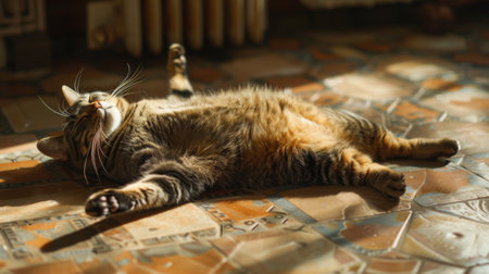 A fat cat sprawled out on a tiled floor, cooling off and looking utterly relaxed on a hot day.の素材