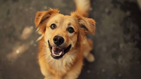 An adorable dog with floppy ears and a wagging tail, sitting obediently and looking up at the camera with a happy smile.の素材