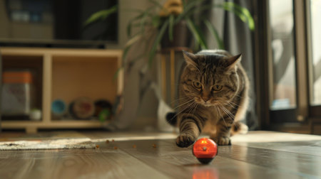 A chunky cat chasing a remote-controlled toy, its eyes fixed on the moving target, in a spacious play area.の素材