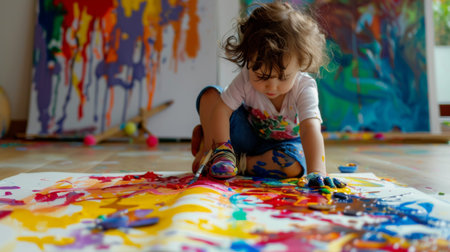 A child sitting on the floor with a large sheet of paper, painting with bold, bright colors and fully immersed in the activityの素材