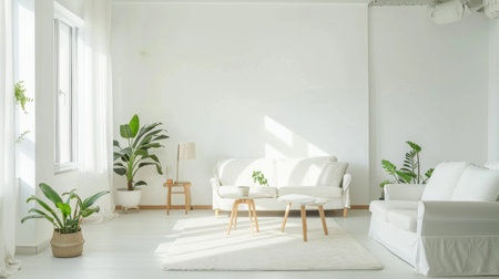 A bright and airy minimalist living room with white walls, simple furniture, and a few potted plants for a touch of greenery.の素材