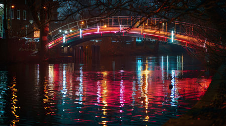 A brightly lit pedestrian bridge over a river, with soft light creating a warm glow on the water at night.の素材