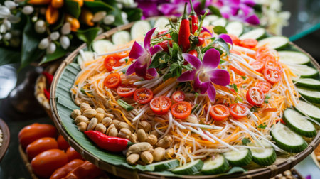 A beautifully arranged platter of som tam (green papaya salad) with tomatoes, peanuts, and chili peppers.の素材