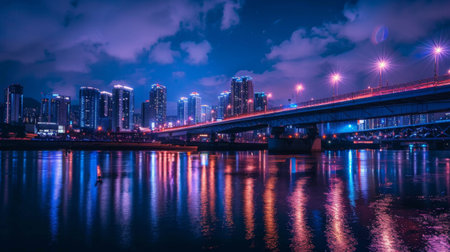 A beautifully illuminated bridge spanning a calm river at night, with the city skyline reflecting on the water.の素材