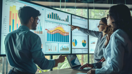 A business meeting with participants reviewing financial charts on a large screen, with one person pointing to a specific data point.の素材