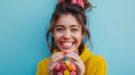 A cheerful woman holding a jar of colorful candies, her face adorned with a bright and infectious smile.の素材
