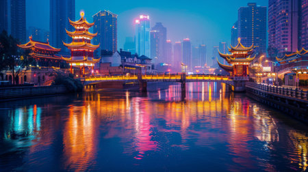 A bustling city bridge at night, with colorful LED lights illuminating its sides and vibrant reflections on the river.の素材