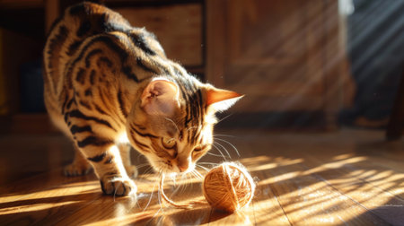 A chubby Bengal cat playing with a ball of yarn on a hardwood floor, with sunlight streaming through the window.の素材