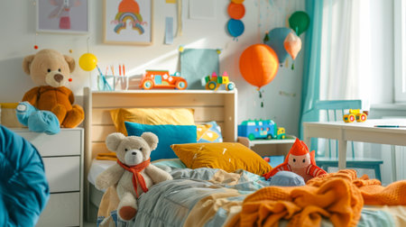 A child's bedroom decorated with colorful bedding, toys neatly arranged, and a small desk for studying.の素材