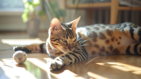 A chubby Bengal cat playing with a ball of yarn on a hardwood floor, with sunlight streaming through the window.の素材