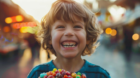 A child happily posing with a handful of candy, their face alight with happiness and a toothy grin.の素材