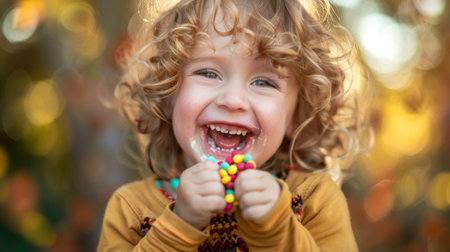 A child happily posing with a handful of candy, their face alight with happiness and a toothy grin.の素材