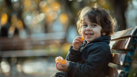 A child sitting on a bench, happily unwrapping a piece of candy and savoring its sweet taste with a contented smile.の素材