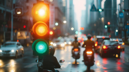 A busy city street with a traffic light showing green, and cars and motorcycles moving forward in the backgroundの素材