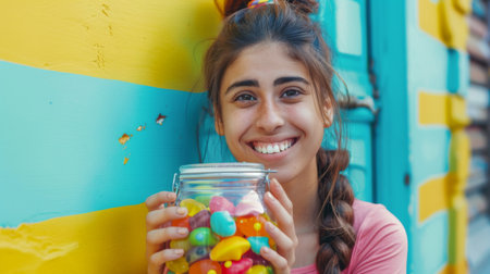 A cheerful woman holding a jar of colorful candies, her face adorned with a bright and infectious smile.の素材