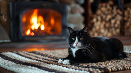 A chubby tuxedo cat resting on a soft rug in front of a crackling fireplace, looking peaceful and warm.の素材