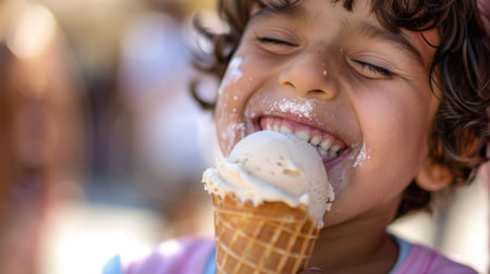 A close-up of a child's face as they lick an ice cream cone, their eyes closed in bliss and lips curved into a sweet smile.の素材