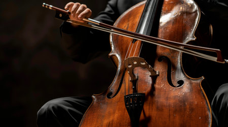 A cellist performing a classical piece with precision and grace, drawing rich, resonant tones from the strings of the instrument.の素材
