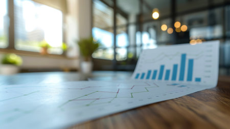 A business graph showing a significant upward trend, with a blurred office setting in the background.の素材