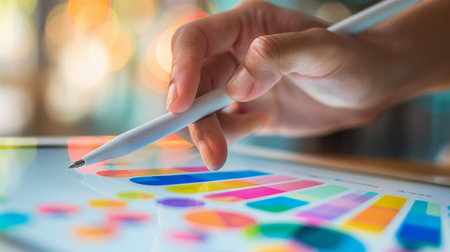 A close-up of a hand holding a pen, analyzing a colorful business graph on a tablet screen.の素材