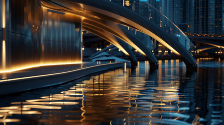 A close-up of a modern bridge's illuminated arches over a tranquil river, with the city in the background.の素材