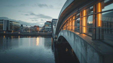 A close-up of a modern bridge's illuminated arches over a tranquil river, with the city in the background.の素材