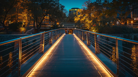 A brightly lit pedestrian bridge over a river, with soft light creating a warm glow on the water at night.の素材