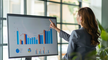 A businesswoman pointing to a rising bar graph on a presentation screen during a meeting in a modern office.の素材
