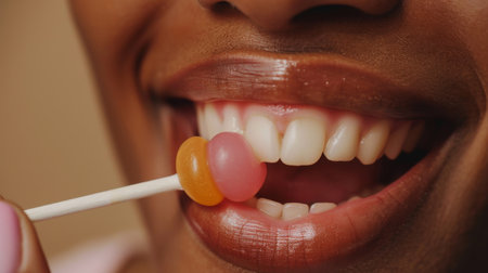 A close-up of a person's mouth as they bite into a piece of candy, their lips curled into a satisfied smile.の素材
