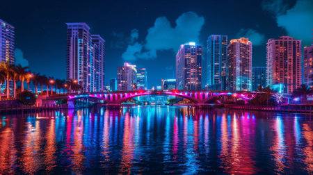 A breathtaking night shot of a bridge over a river, with colorful city lights reflecting on the water and a clear, dark sky.の素材