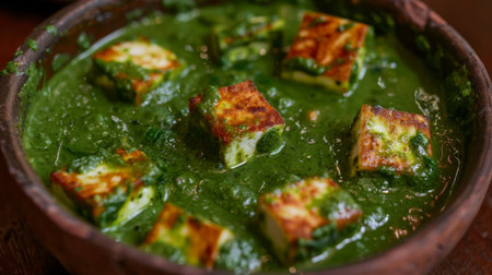 A beautifully presented dish of palak paneer, with vibrant green spinach sauce and soft paneer cubes.の素材