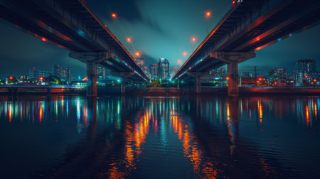 A breathtaking night shot of a bridge over a river, with colorful city lights reflecting on the water and a clear, dark sky.の素材