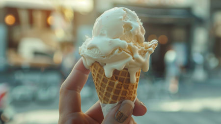 A close-up of a hand holding a melting ice cream cone on a hot day, with drips of creamy goodness running down the sides.の素材