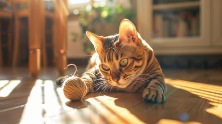 A chubby Bengal cat playing with a ball of yarn on a hardwood floor, with sunlight streaming through the window.の素材