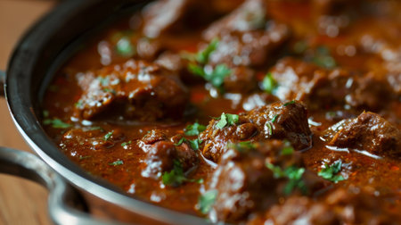 A close-up of a delicious serving of lamb rogan josh, with rich, thick gravy and aromatic spices.の素材