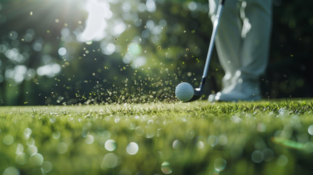 A close-up of a golfer teeing off on a lush green golf course, with focus on the swing and the ball in mid-air.の素材