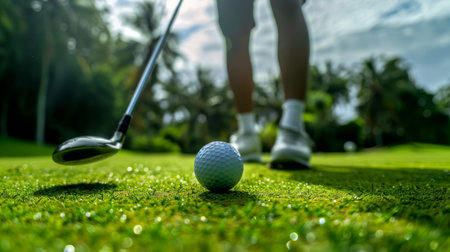A close-up of a golfer teeing off on a lush green golf course, with focus on the swing and the ball in mid-air.の素材