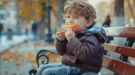 A child sitting on a bench, happily unwrapping a piece of candy and savoring its sweet taste with a contented smile.の素材