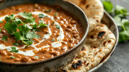 A close-up of a bowl of creamy dal makhani, garnished with fresh cream and cilantro, served with naan bread.の素材