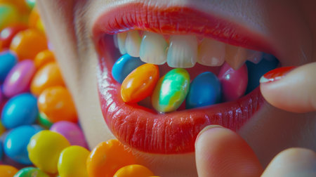 A close-up of a person's hand dropping a candy into their mouth, their lips forming a satisfied smile of indulgence.の素材
