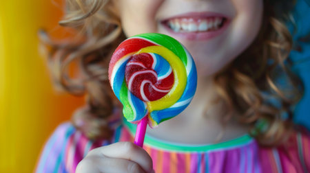 A close-up of a child's hand holding a colorful lollipop, their face lit up with joy and a sweet smile.の素材