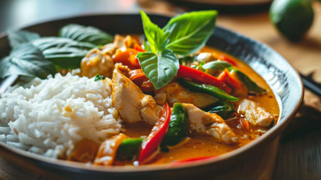A close-up of a dish of Thai red curry with chicken, served with a side of steamed jasmine rice.の素材