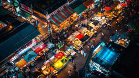 A bustling Thai street food market at night, with various food stalls and colorful lights illuminating the scene.の素材