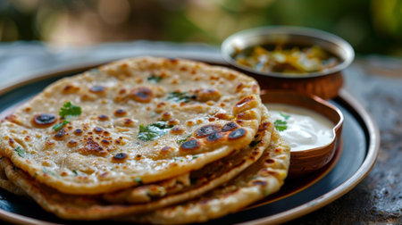 A close-up of a serving of aloo paratha, with a side of yogurt and pickle, on a traditional Indian plate.の素材