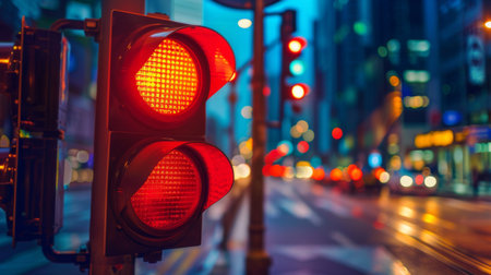 A close-up of a red traffic light glowing brightly at an urban intersection during the evening rush hourの素材