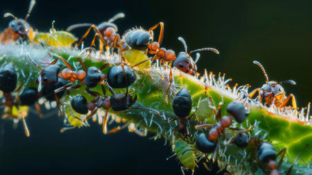 A close-up of ants interacting with aphids on a plant, highlighting the symbiotic relationship between the two species.の素材